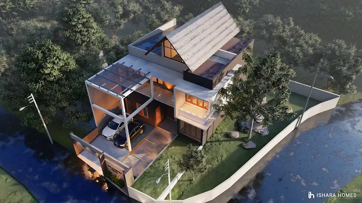 Seen from directly above, the home's angular gable roof and open steel pergola frame a paved entrance court where a car is parked beside a low...