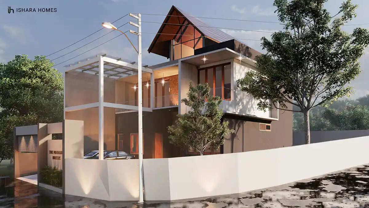 From the side elevation, the open steel pergola frame and glazed gable rise above dense trees, with a street lamp and boundary wall marking the...