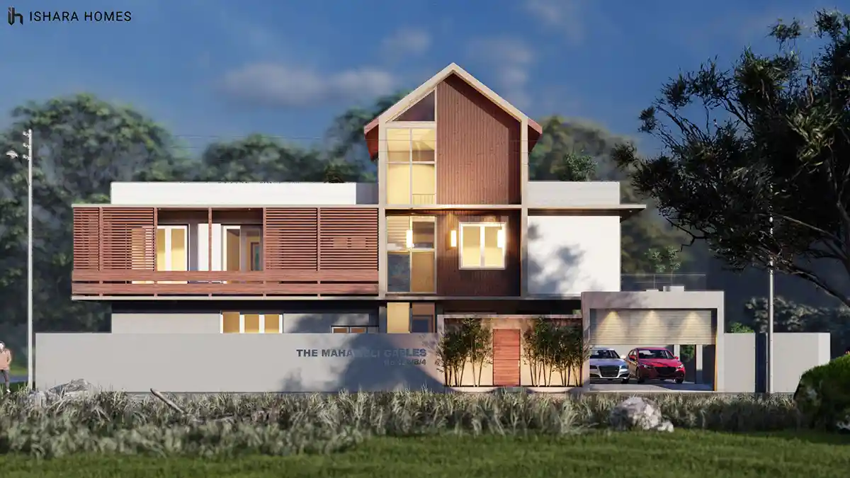 The home's namesake gable takes centre stage in this front elevation, its timber-clad apex and glazed peak rising above a wraparound timber...