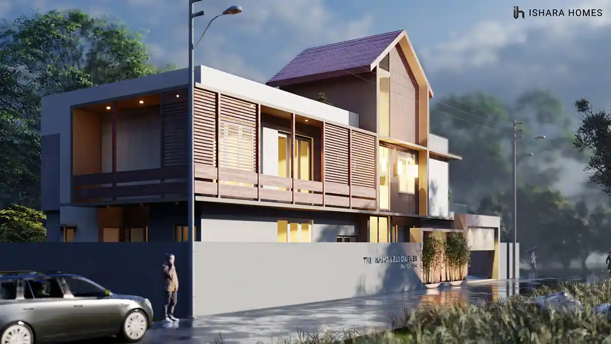 From the street corner, the pitched terracotta roof and timber balcony screening catch the evening glow, with two cars parked beneath the entrance...