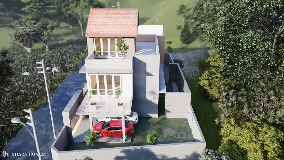 Seen from above, the gabled roof's clay tiles contrast with the flat white roof terrace behind it, while a red hatchback and silver sedan sit...