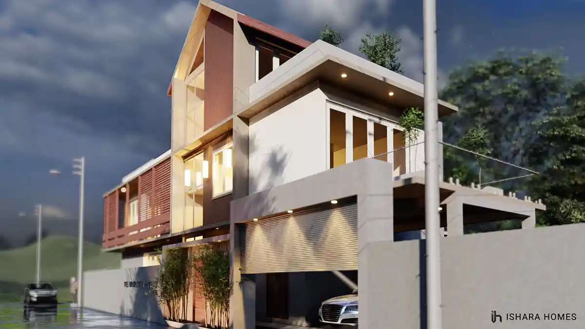 As storm clouds gather, the home's dark timber gable and louvred balcony stand out against white rendered walls, with a car waiting under the...