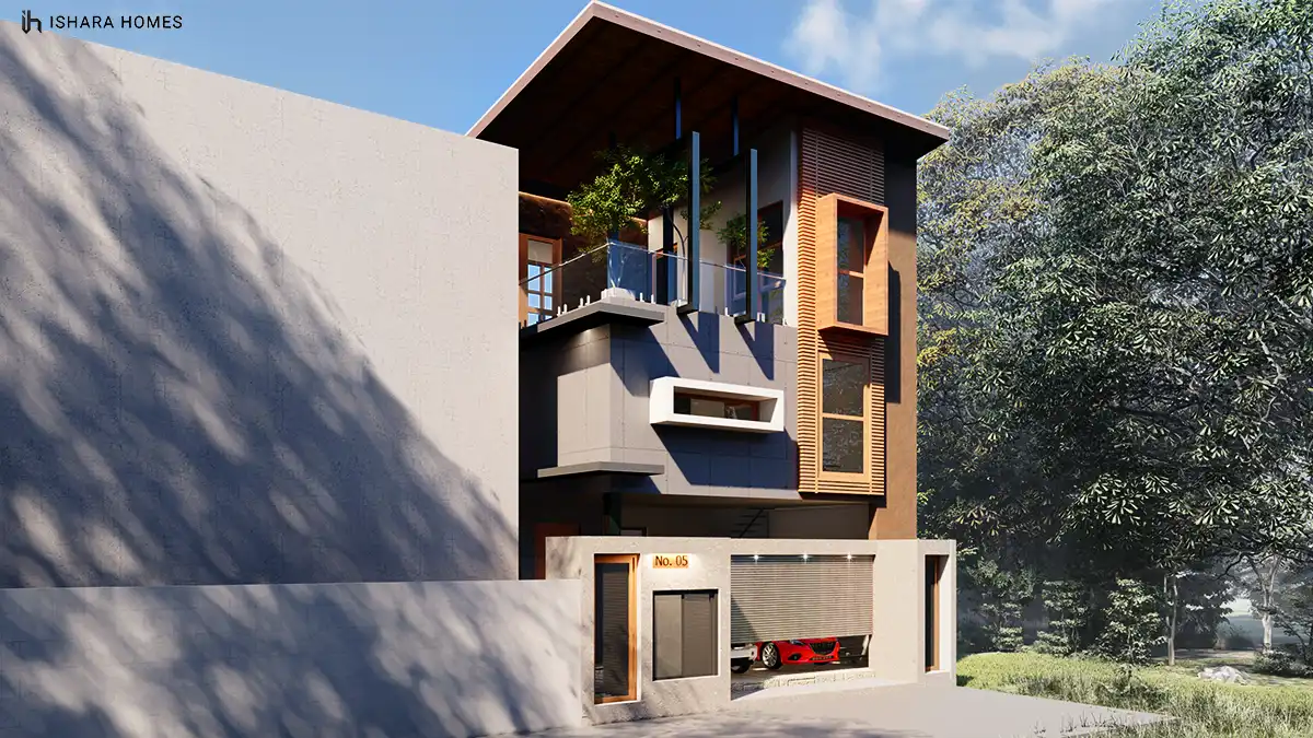 The front facade of The Meadow House rises three storeys behind a tall boundary wall, its pitched timber-lined roof, dark louvred screens and...