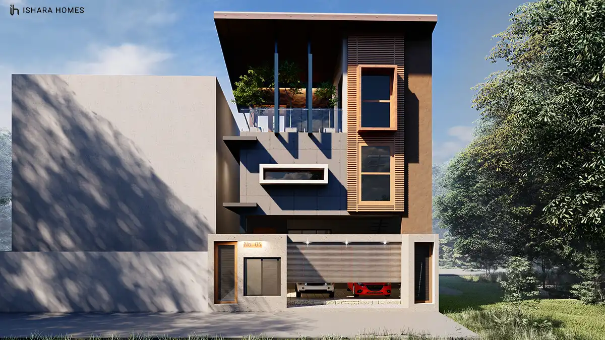 A straight-on view of the entrance elevation shows the layered facade in charcoal render, warm timber slats and a projecting white sunshade, with...