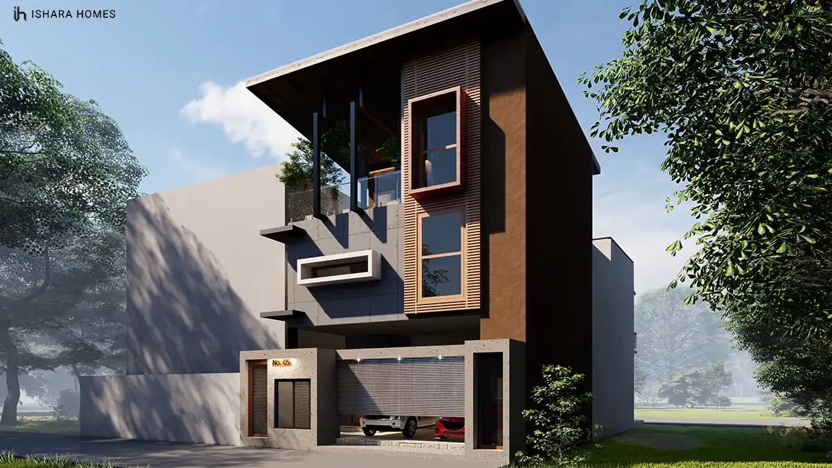 Seen from an angle, the home's dark timber-clad upper storey and slatted wooden screen step back over a cantilevered white box, framed by mature...