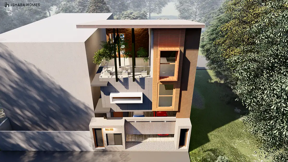 An aerial-level view highlights the vertical wooden louvres shading the top-floor window and the sculptural interplay of grey render, glass...