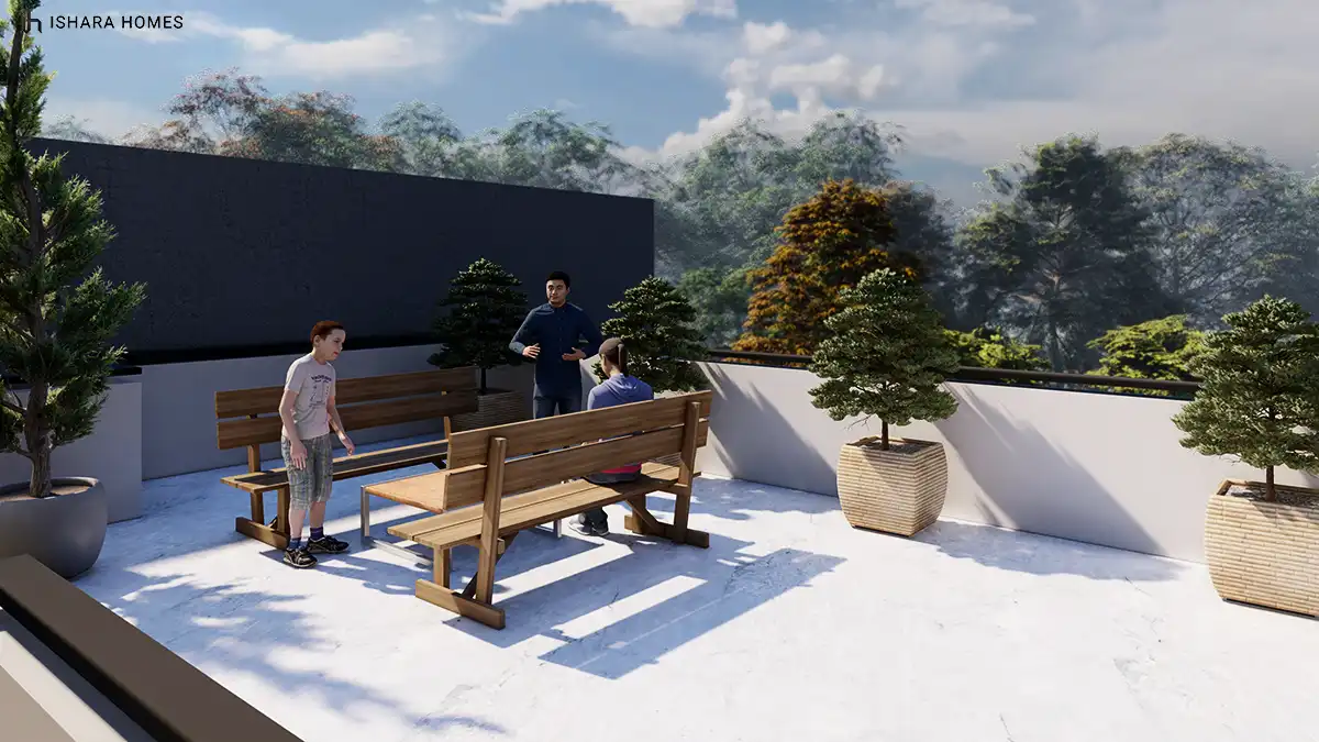On the rooftop terrace, timber garden benches and rows of potted conifers sit against a dark privacy wall, with a leafy tree canopy and open sky...