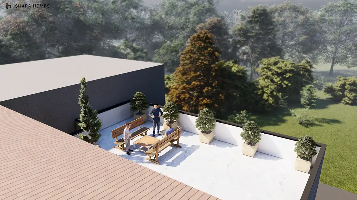 From a higher vantage on the terrace, the same wooden benches and clipped topiary in woven planters look out over a hedge of surrounding trees,...