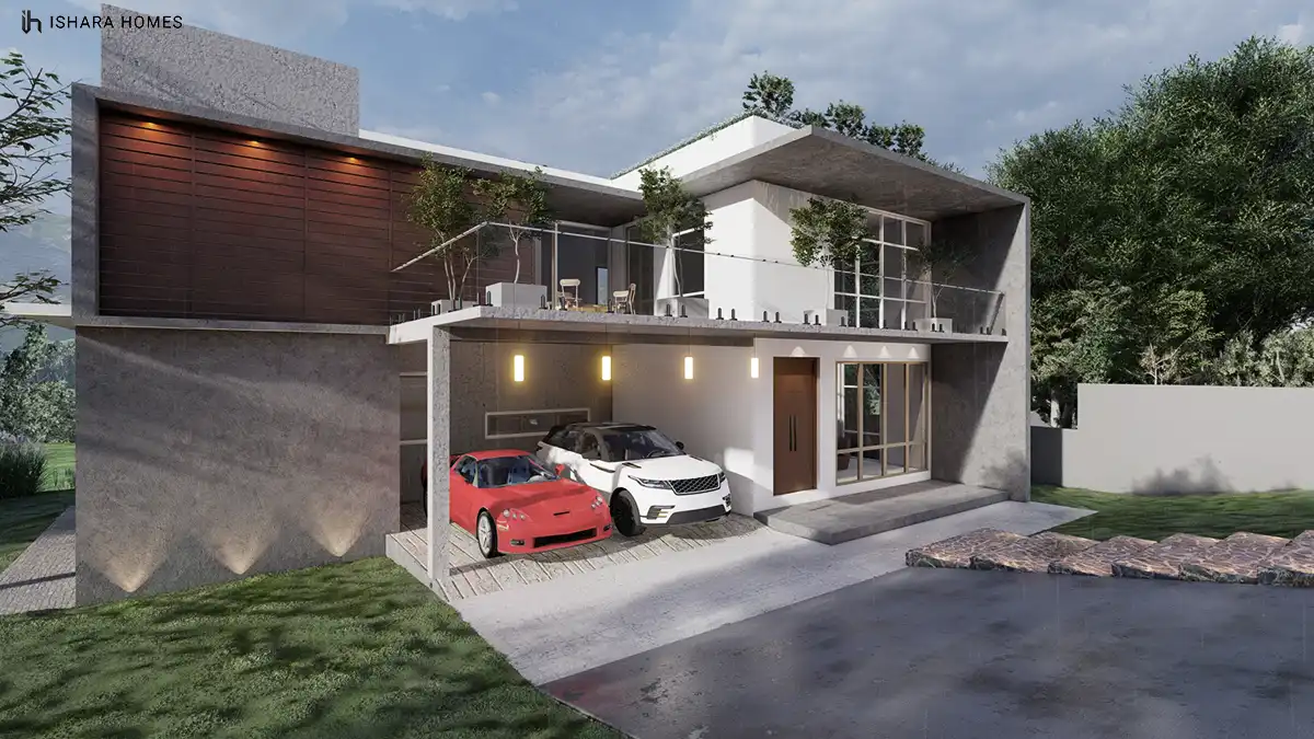 The Misty Hills House opens its ground-floor garage beneath a cantilevered concrete roof, sheltering a red sports car and white SUV, with a warm...