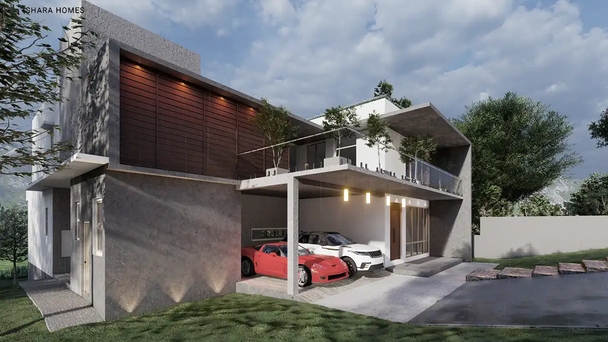 From the driveway, the layered concrete roof planes and dark timber slat screen create a strong horizontal rhythm, with a glass-balustraded...
