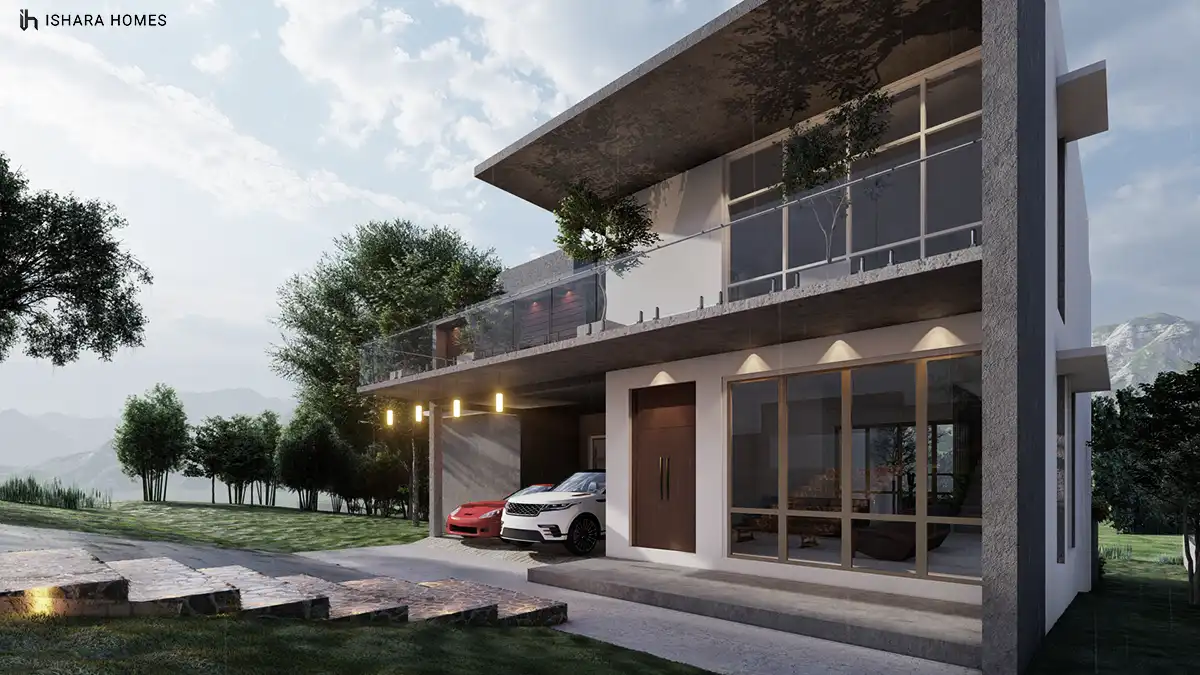 Closer to the entrance, a solid timber door and full-height glass reveal a glimpse of the furnished lounge inside, framed by exposed concrete...