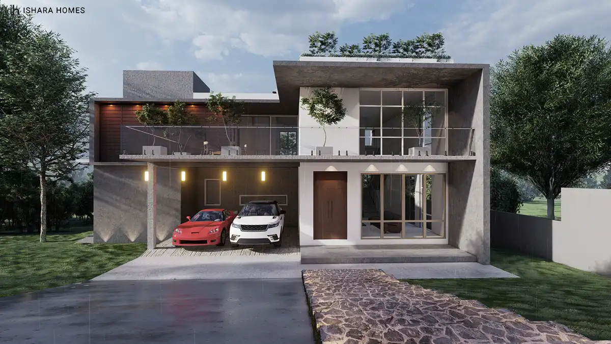 A daylight view of the entrance shows the same cantilevered roof and dark timber screen, with the two-car garage and stone-paved walkway leading...