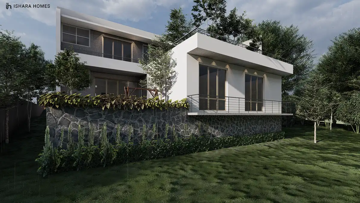 Around the side, a dry-stacked stone retaining wall supports the upper-storey balcony, its trailing greenery and slim steel railing overlooking an...