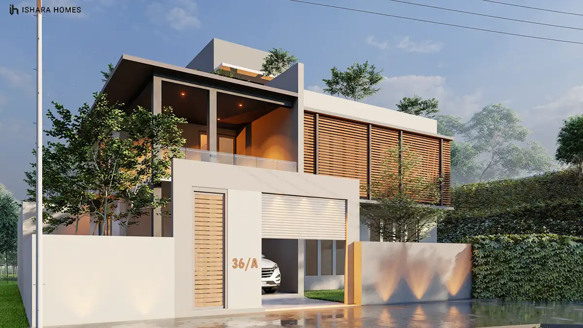 The Moonscape's front elevation at dusk, where a cantilevered upper floor in charcoal steel louvres floats over a warm-lit timber-slat entrance,...