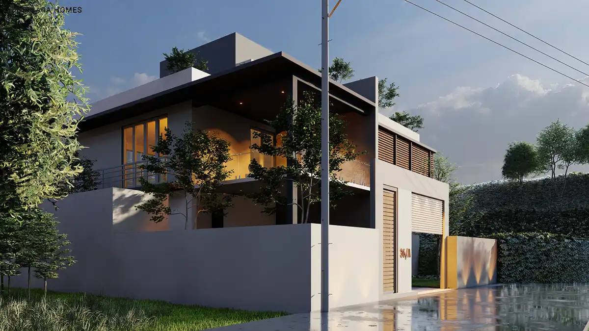 A closer angle on the double-height covered terrace, its glowing pendant lights and glass balustrade framed by young trees against the darkening sky.