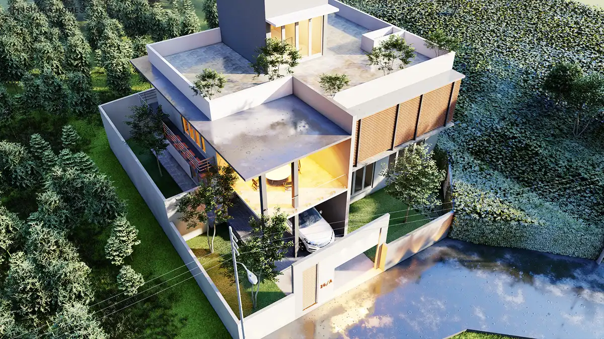 An aerial view over The Moonscape reveals its layered flat roofs, a rooftop deck, and the open ground-floor carport tucked beneath the first...