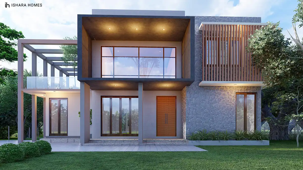 The front elevation pairs a bold cantilevered dark box with a rough stone wall and slatted timber screen, while a solid wooden door and...