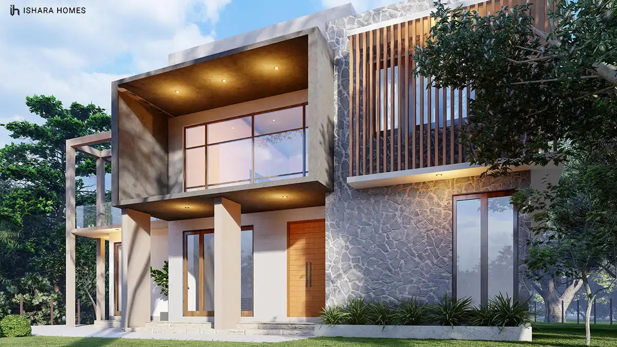 Closer to the entrance, the interplay of natural stone, vertical timber battens, and a glowing double-height window shows the home's material...