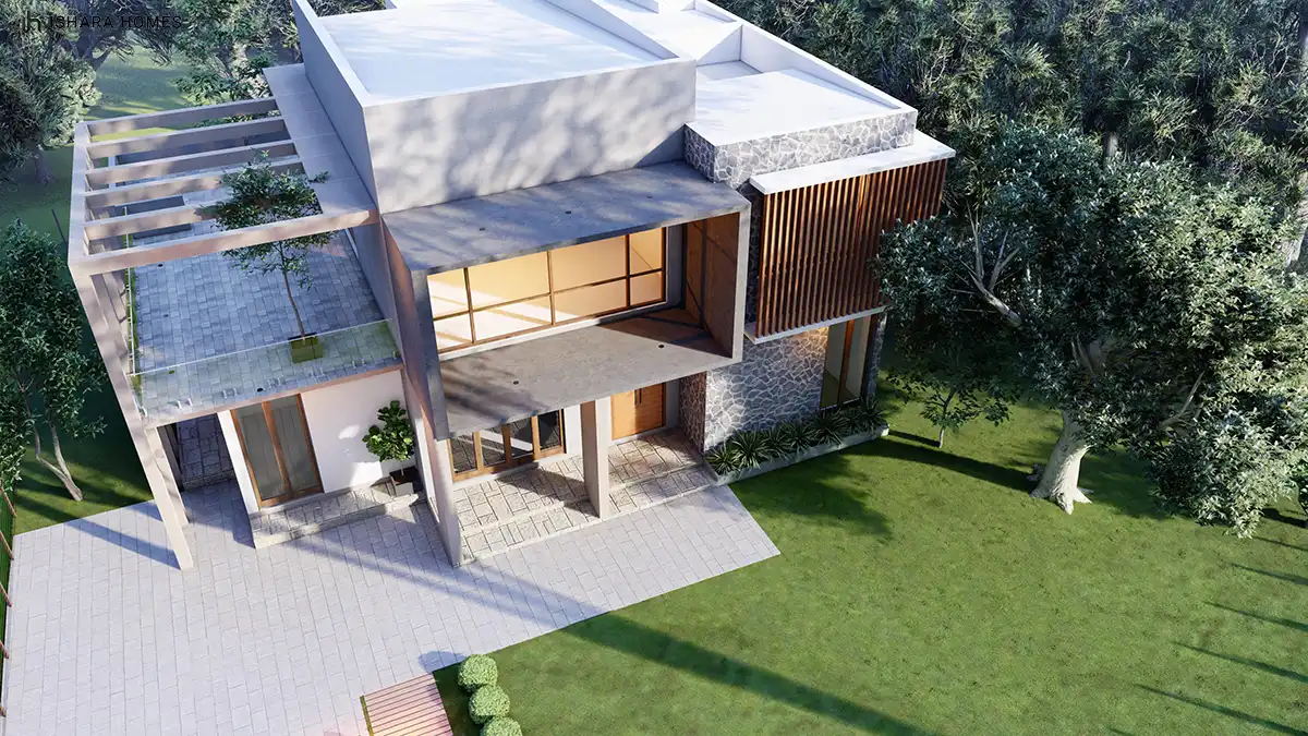 Viewed from above, the pergola-topped terrace, glass balustrade, and stone-clad wing wrap around a paved courtyard, with the covered entry porch...