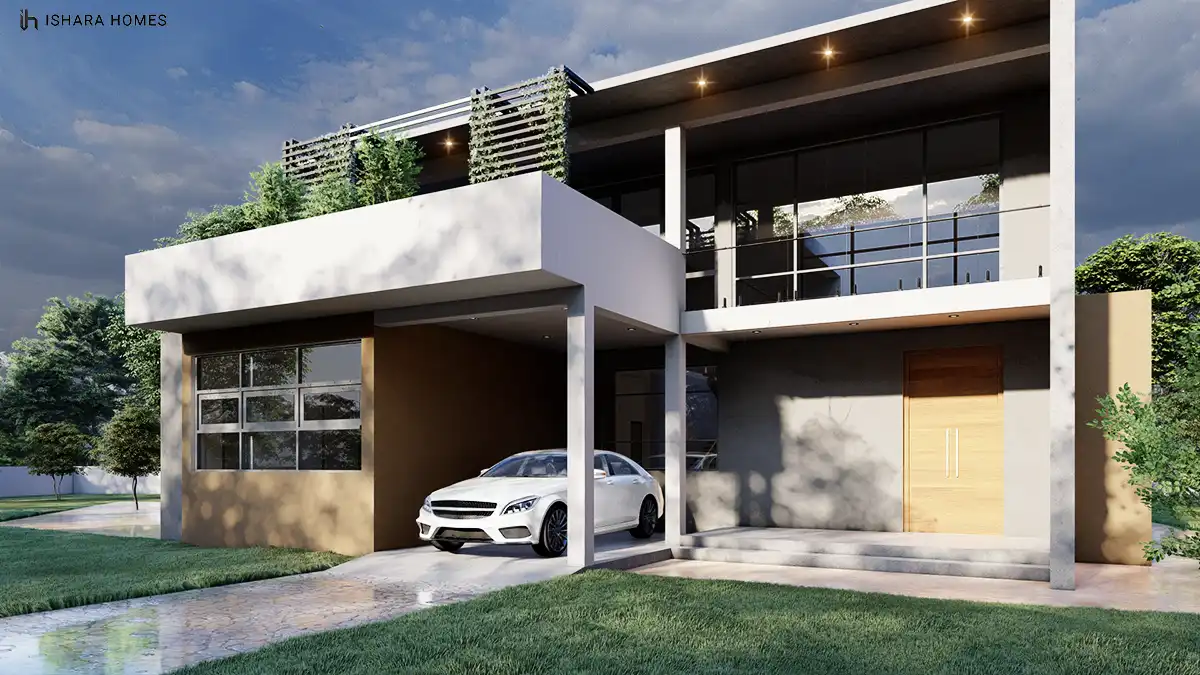 The Orchard House presents a crisp white two-storey facade with a cantilevered carport, its rooftop pergola threaded with climbing greenery and a...
