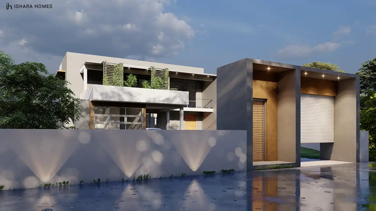 A rain-soaked evening view frames the home's covered entry pavilion, where warm timber double doors and a roller shutter sit beneath angled...