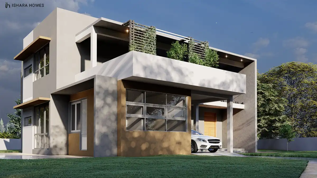The home's corner elevation shows warm ochre accent walls beneath a bright white upper storey, with a car sheltered under the deep roof overhang...