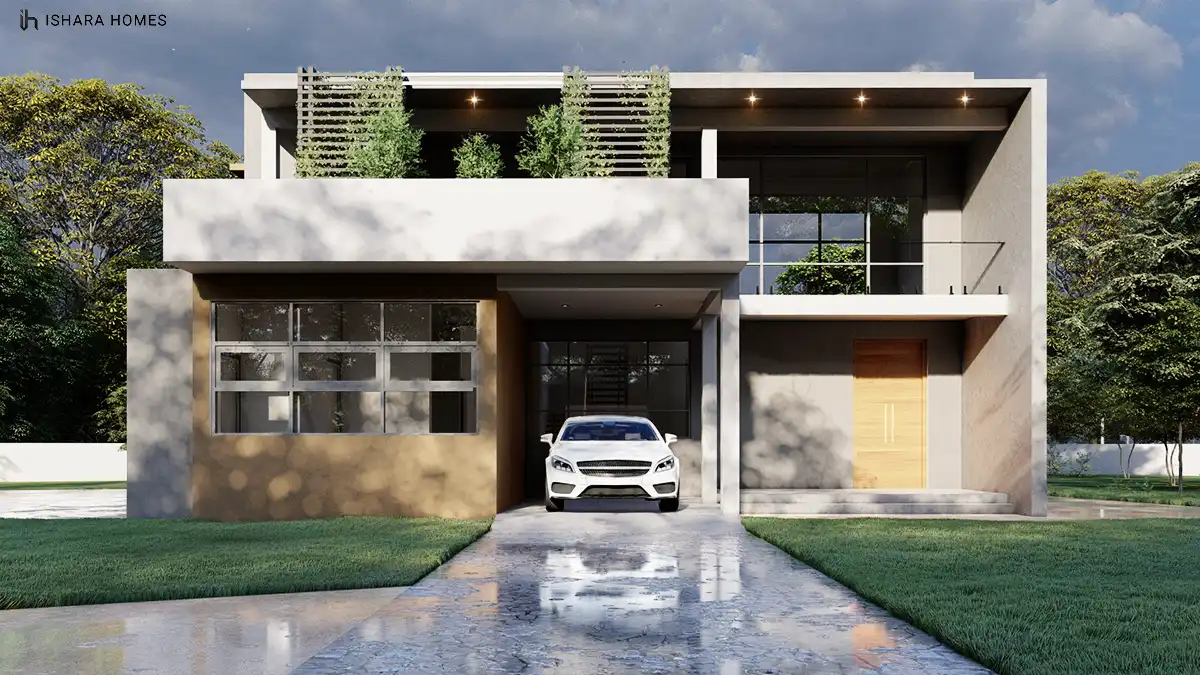 A frontal view centres the covered carport entrance, where a white car sits beneath the home's white portico, flanked by timber-toned wall panels...