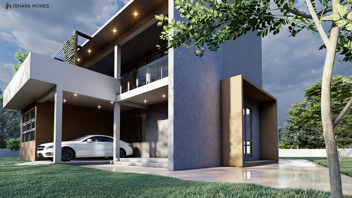 From the side garden, the home's charcoal ground-floor volume meets a bright white upper level with a slim covered walkway and glass-panelled...