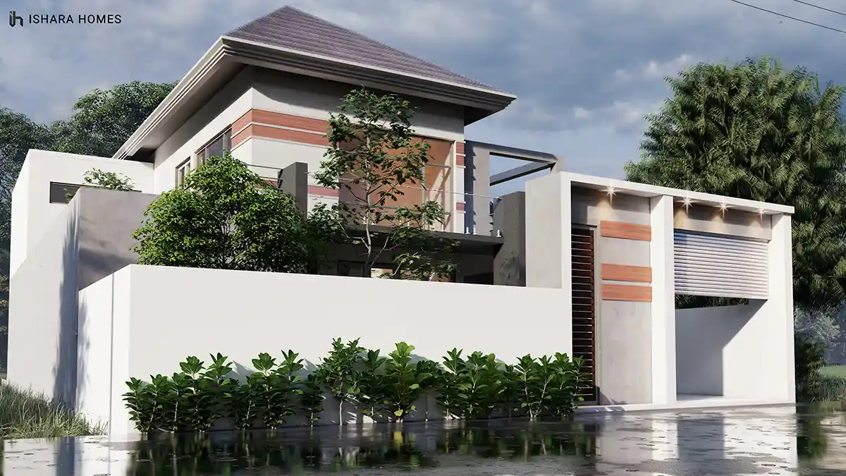 The Prestige Palace presents its hip roof and terracotta-toned wall banding from the garden side, with a dense hedge line and mature trees framing...