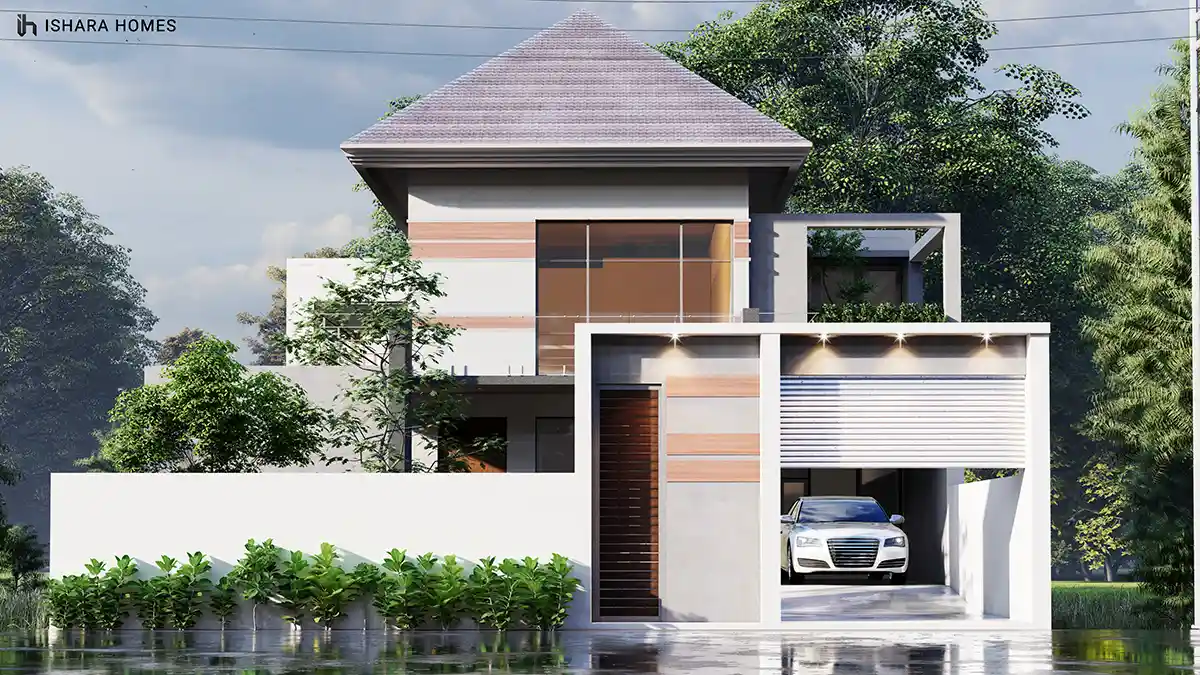 A sunlit approach shot shows the pyramid-hipped roof tiles above tall glazing, the covered carport to the right sheltering the entrance beside a...