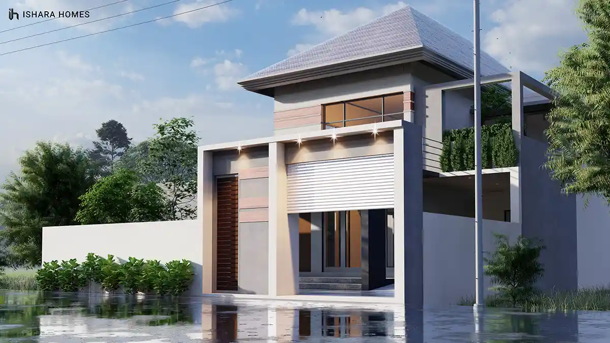 Closer to the entrance, terracotta accent bands and a slatted timber gate lead into a partially open porch, with the same hipped roof and...