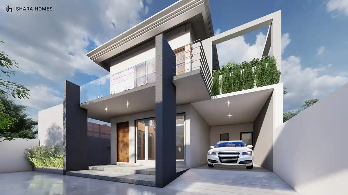 A grey-and-white variant of the design shows a glazed double-height stairwell and cantilevered balcony beside an open carport, where a white sedan...