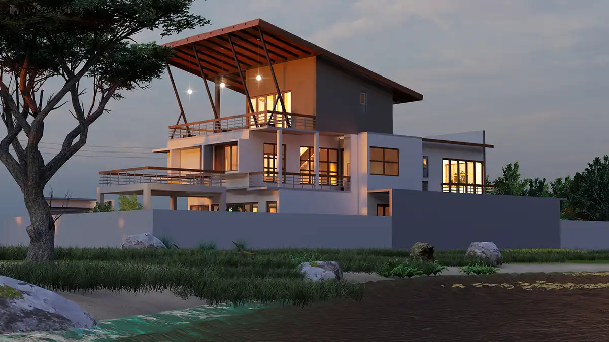 In the fading evening light, the full lakeside elevation comes into view, its warmly lit windows and covered upper terrace overlooking the still...