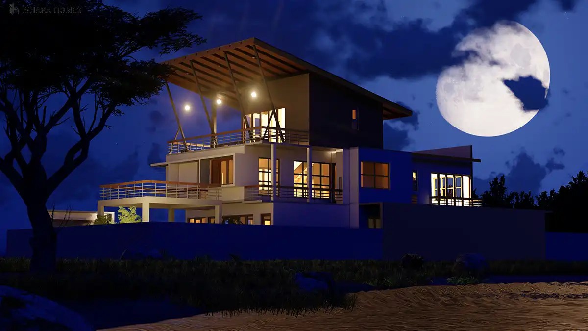 Under a rising full moon, the house's tilted roofline and glowing windows stand out against a deep blue night sky, with a lone tree silhouetted at...
