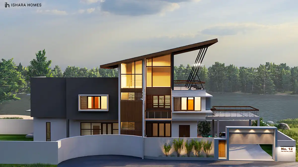 From the opposite angle at golden hour, the tilted wood-lined roof canopy juts dramatically over the upper balcony, framed by dense treeline and...