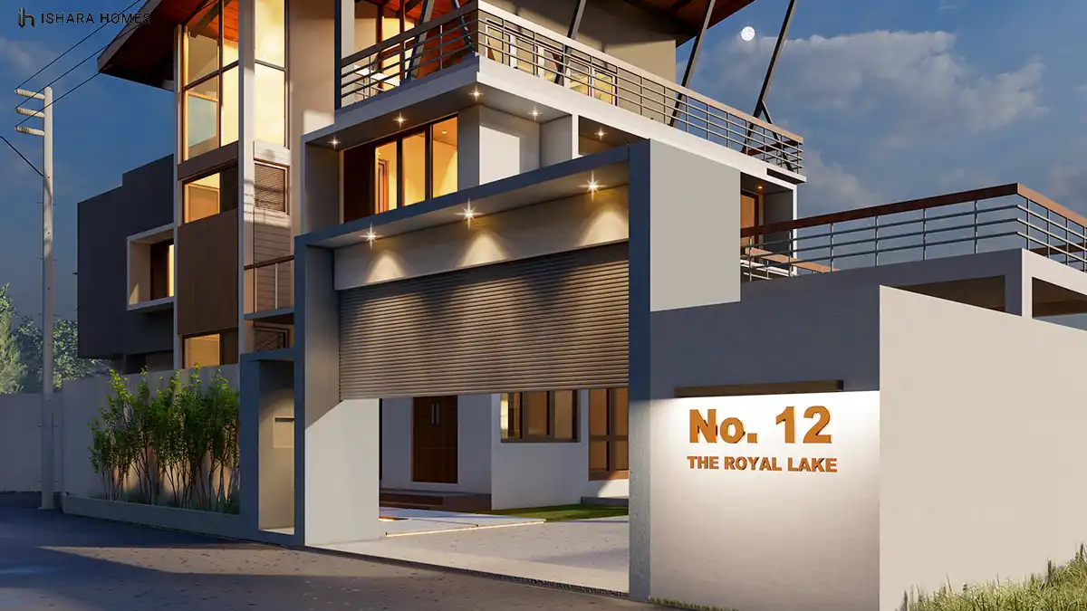 At the illuminated entrance, the roller-shutter garage and address signage sit beneath a cantilevered canopy, with slender bamboo planting...