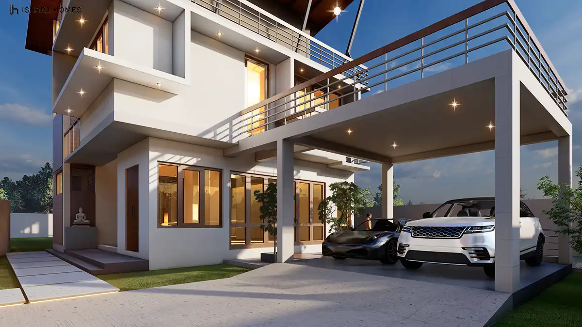 The covered car court shelters a black convertible and a white SUV beneath a sweeping timber-lined roof, with a small Buddha statue and warmly lit...