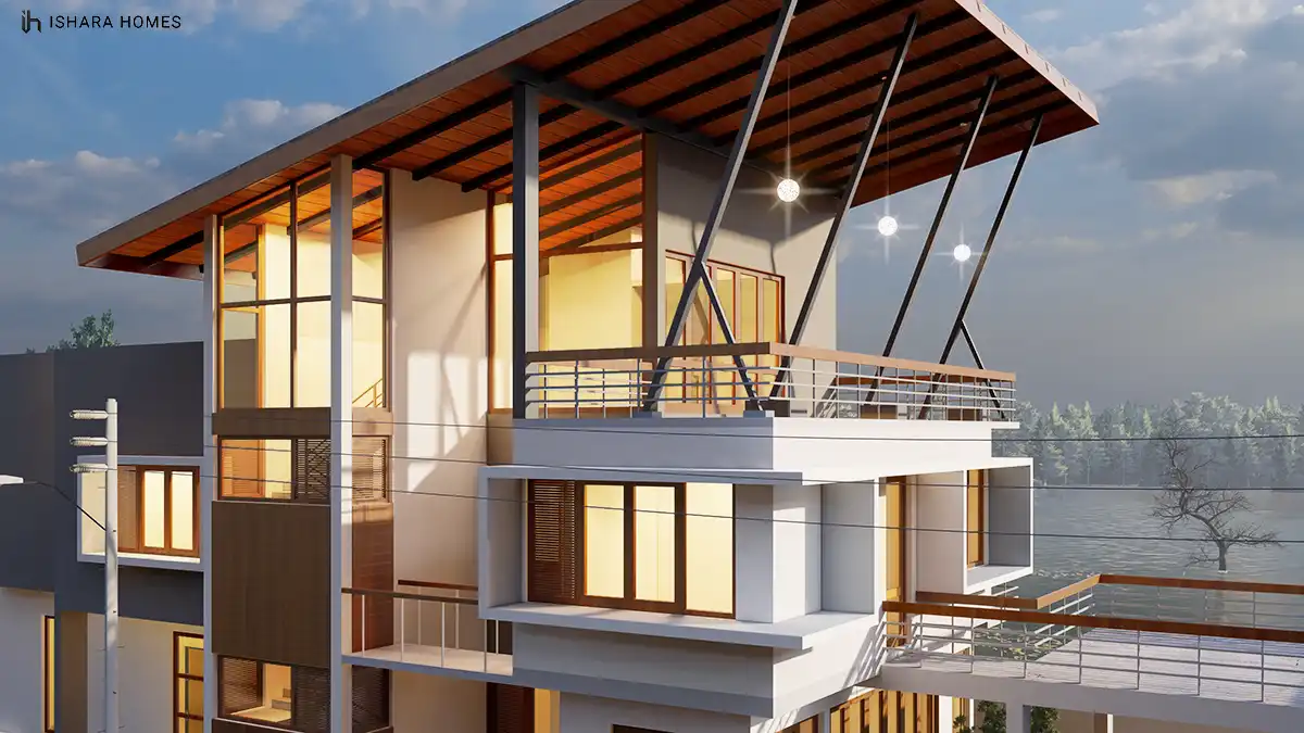 A closer angle at dusk shows the tilted, timber-lined roof canopy suspended on angled steel struts above the glazed upper floor, with string...