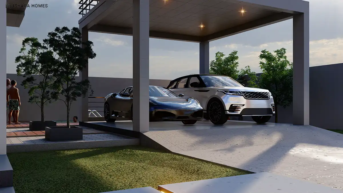 Parked beneath the open-sided carport, a chrome sports coupe and a pale SUV catch the evening light, with young trees and manicured lawn framing...