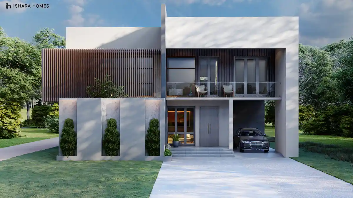 The Sorabora House presents a striking dark timber-slatted upper storey over a stone-textured ground floor, with clipped conical shrubs lining the...