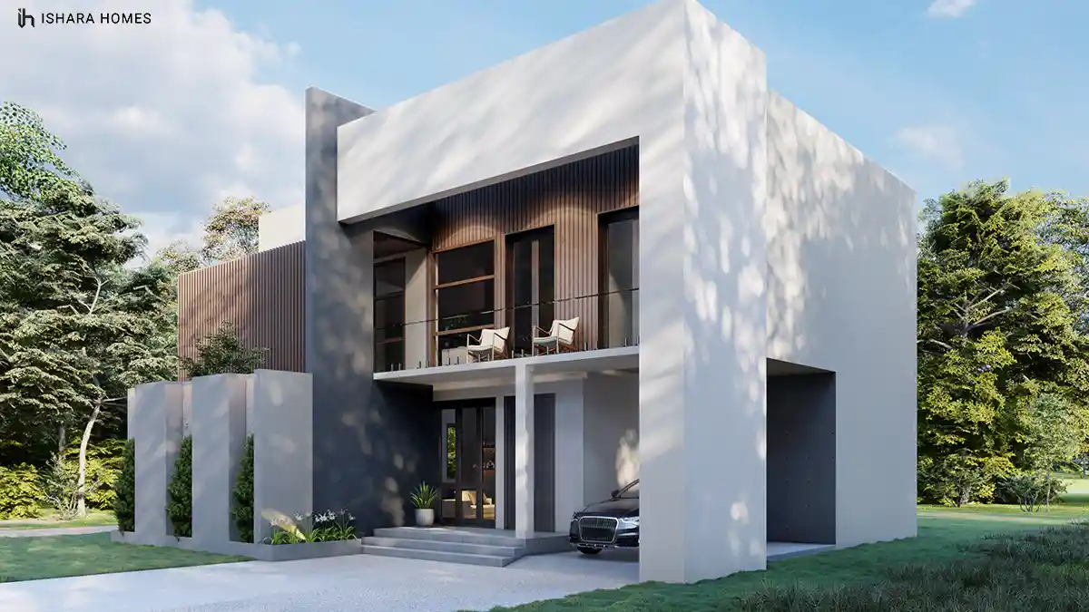 From a side angle, vertical timber battens shade a glazed balcony furnished with woven armchairs, while a black sedan waits in the open carport...
