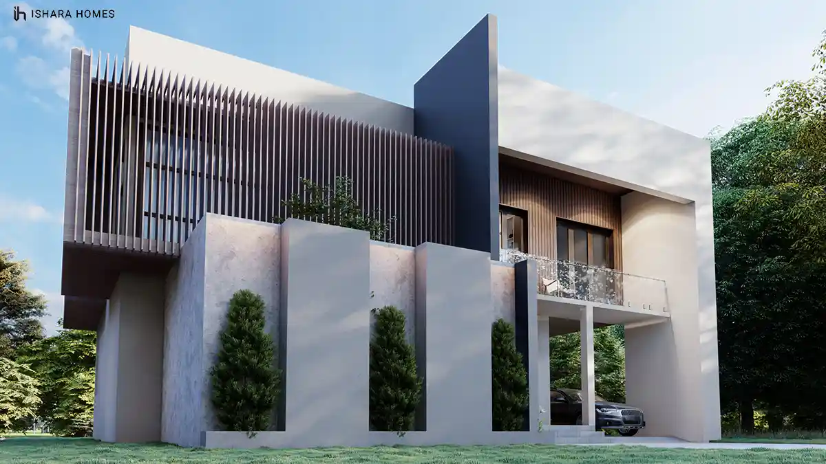 This elevation shows the home's dramatic angled black fin wall meeting timber cladding, with slender stone piers and manicured shrubs forming a...