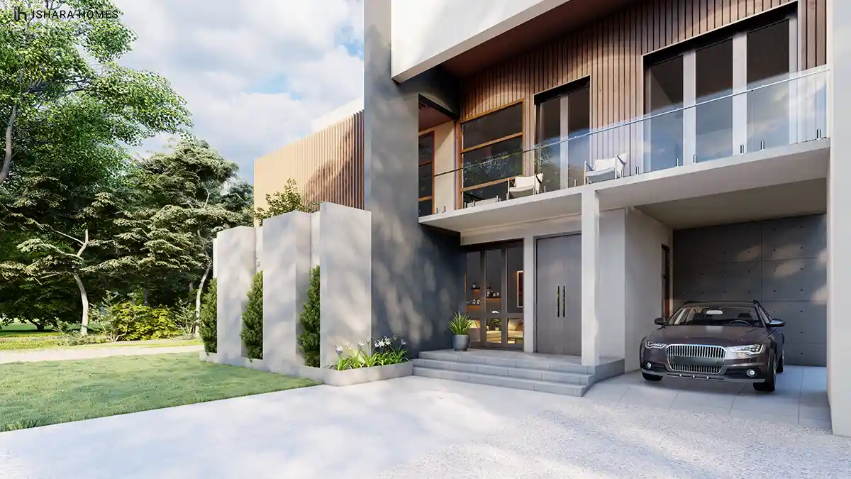 Closer to the entrance, twin timber-panelled doors sit beneath a glazed balcony furnished with outdoor seating, a dark sedan parked in the shaded...
