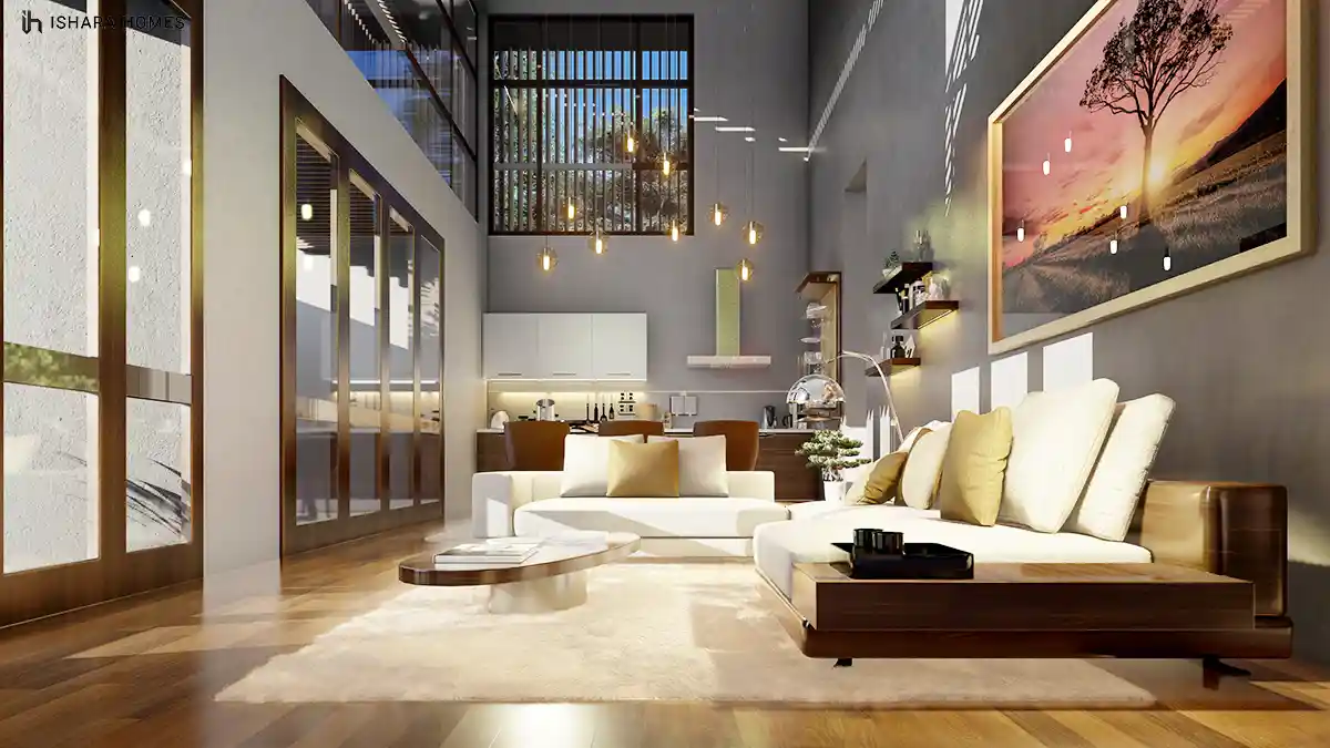 The double-height living and dining area opens up beneath a tall clerestory window, its rich walnut furniture and cream sofas anchored by a plush...