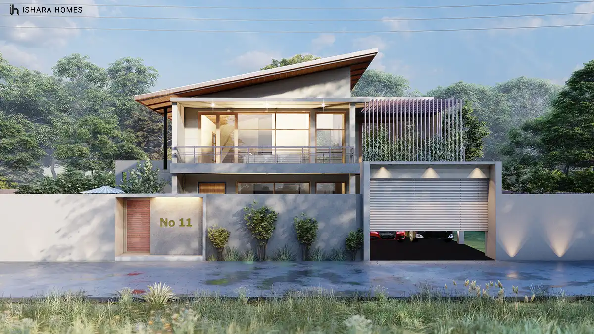 The Springfields, a shed-roof residence in Kurunegala, its sweeping angled roofline and timber-lined eaves shading a glass-fronted upper balcony...
