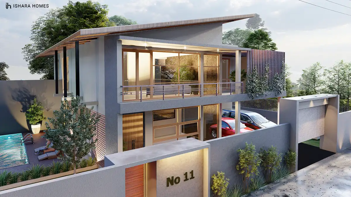 A closer look at the covered carport, where a red car and a silver van sit beneath the home's deep overhanging eaves and warm-lit upper balcony.