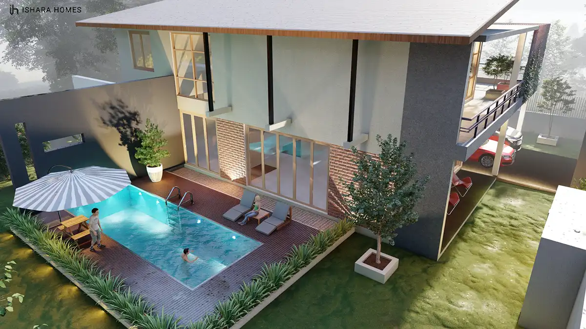 Poolside in the late afternoon, where a striped umbrella shades the deck as swimmers relax beside brick walls and floor-to-ceiling glass doors.