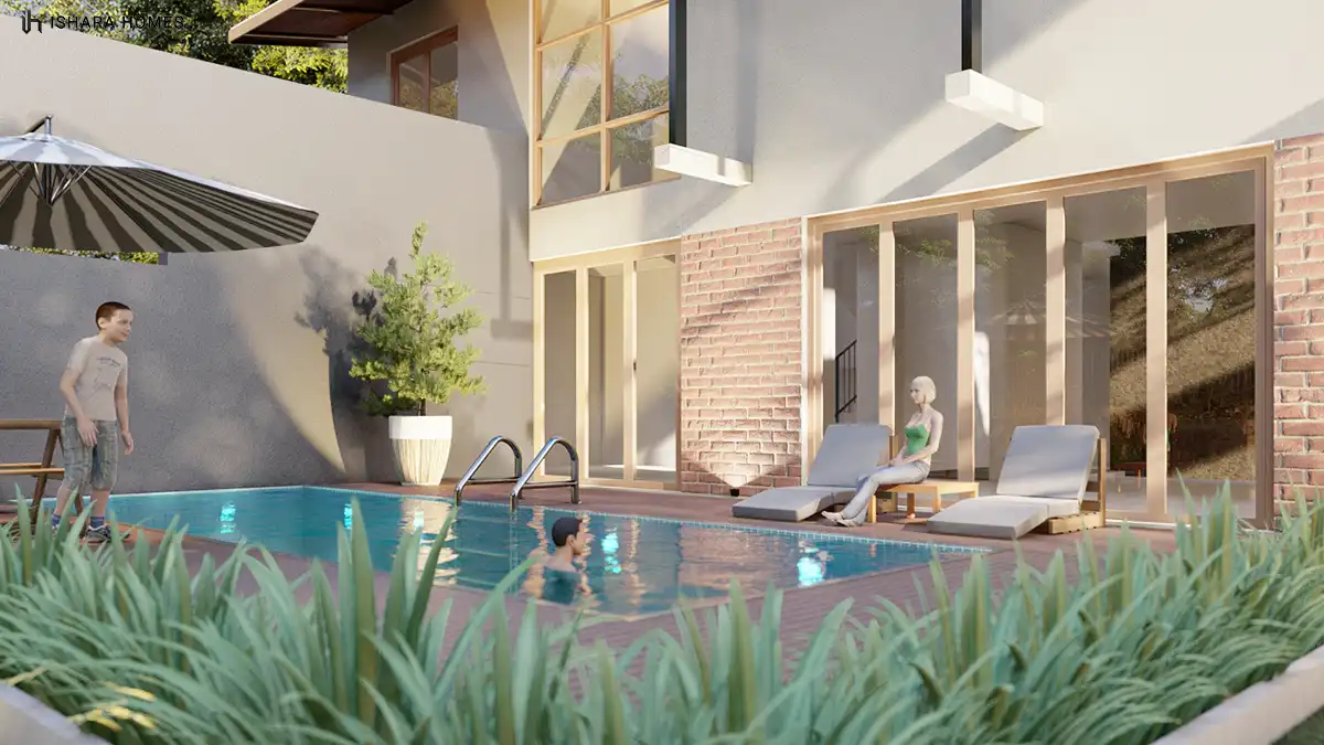 A wider poolside view showing the full length of the shed roof overhead, with loungers, potted plants, and brick detailing along the pool's edge.