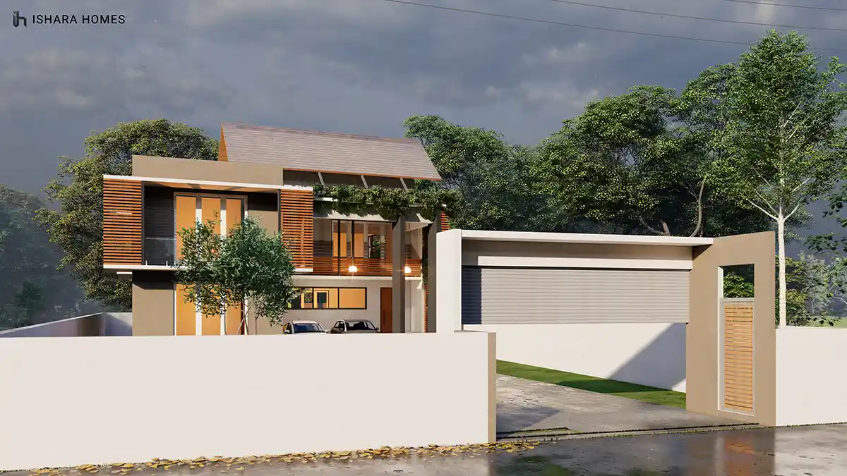 Under a moody evening sky, the property's boundary wall and roller-shutter garage lead the eye toward the timber-screened upper storey glimpsed...