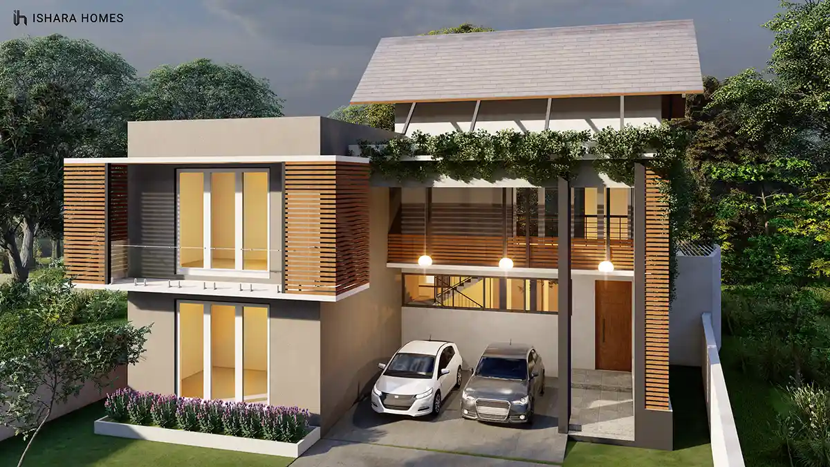 A wider view from the garden shows the home's stacked timber louvres and glass balcony rail above a two-car carport, with a young tree and...
